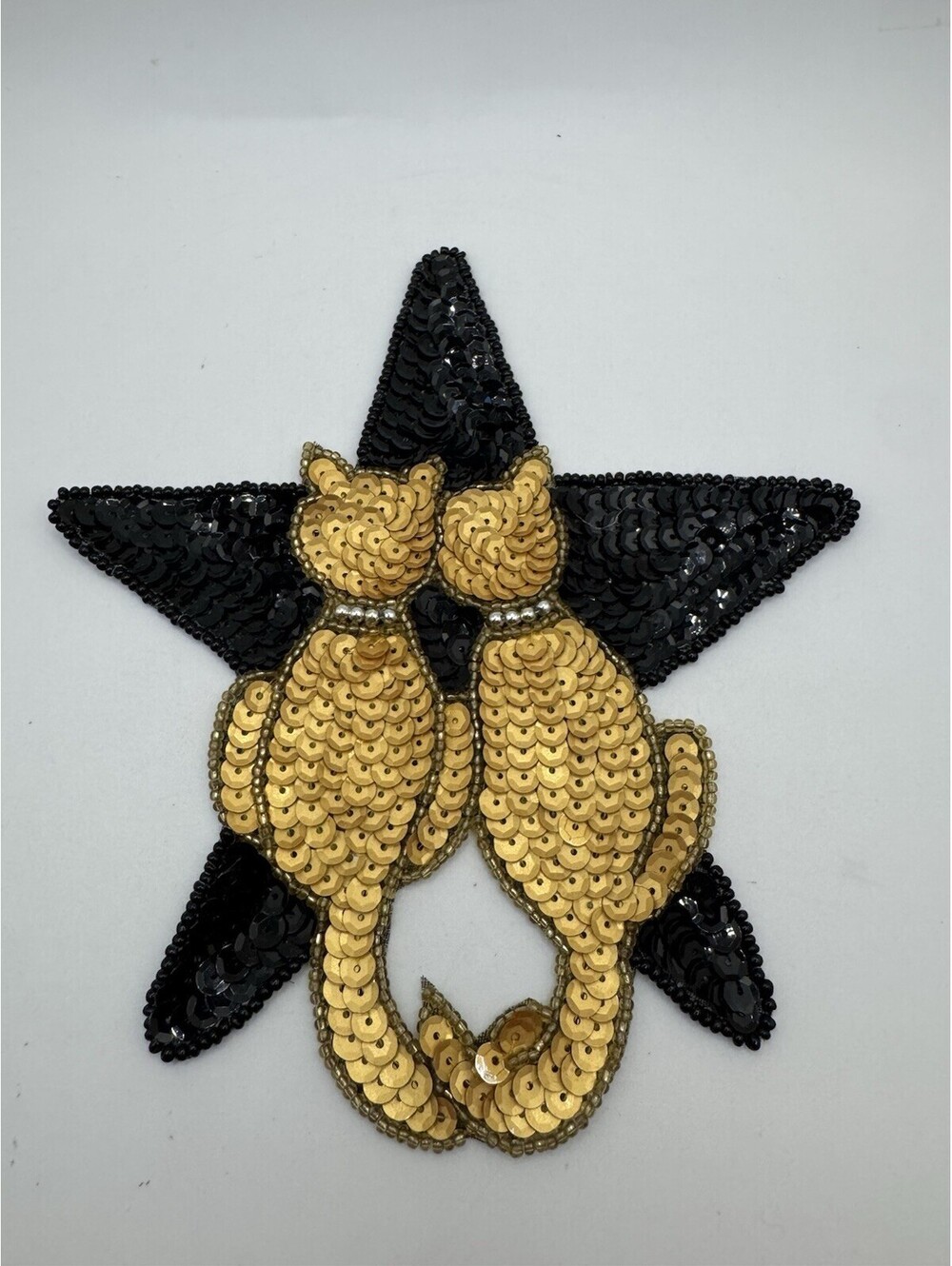 Sequined & Beaded Cats And Star Sew On Patch NOS Gold & Black
